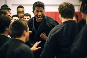 Martial arts instructor demonstrating a grappling technique to a group of students, passion evident in his expression