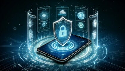An image depicting a smartphone with security shields orbiting around it in layers, each layer representing different aspects of cybersecurity.
