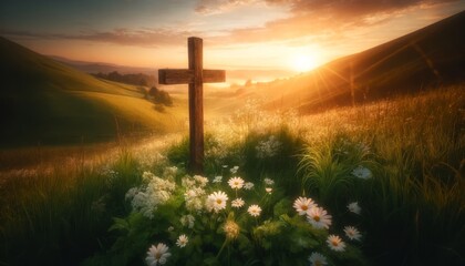 A solitary wooden cross on a hill with white flowers dotting the green landscape around it, under a sunrise sky.