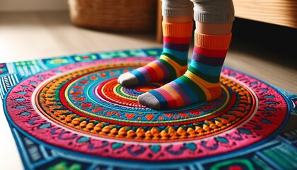 A close-up image of a child's feet in multicolored socks standing on a vibrant, hand-painted floor mat.