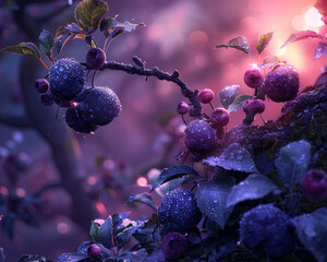 Mythical Fruit, Glittering Petals, Desired by Legends, Hunters seek it in enchanted forests at dusk, Misty twilight, 3D Render, Backlights, Chromatic Aberration