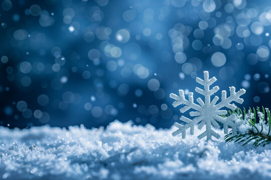 Schneestern und verschwommene, gl&auml;nzende Lichter, Schnee, blaues Bokeh