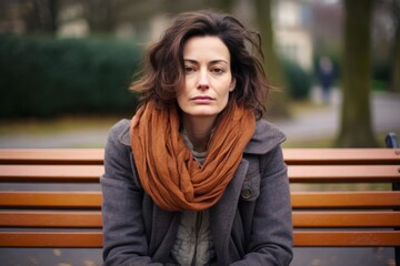 Photo of a European woman, around 45 years old, sitting on a bench in the park, holding her stomach due to cramps