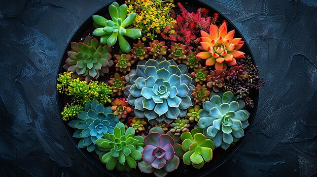 A photorealistic image showcasing a vibrant variety of succulents, each with distinct geometric patterns and rich textures.