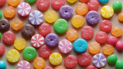 Sweet candies on neutral background lying loose with vibrant vivid colors looking tasty ULTRA HD 8K