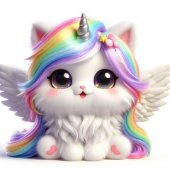 Fototapeta premium Fluffy 3D image of caticorn with white wings and rainbow mane, very cute, deep sparkly eyes, smiling a lot, white background