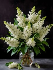 A bouquet of white lush lilacs in a ceramic vase on a table