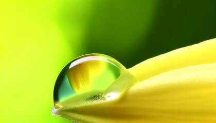 A high-resolution image of a close-up dewdrop on a flower petal reflecting a gradient from soft yellow to gentle green.
