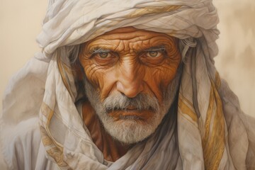 Close-up of a weathered face, adorned with traditional Bedouin tattoos, framed by the soft folds of pastel-colored fabric, capturing the essence of age-old traditions.