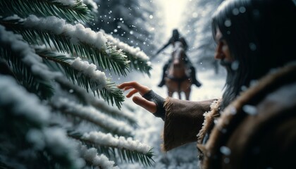 A detailed image of a character on horseback reaching out to touch the snowy pine needles as they pass. - obrazy, fototapety, plakaty
