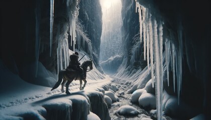 A detailed image of a character on horseback passing through a narrow canyon with icicles hanging from the rocky walls. - obrazy, fototapety, plakaty