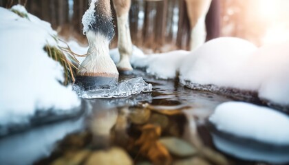 A close-up, highly detailed image showcasing the horse's hooves stepping into a small, ice-covered stream in the woods.