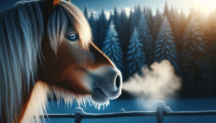 A close-up image showcasing the horse exhaling in the cold, with its breath visible in the crisp winter air. - obrazy, fototapety, plakaty