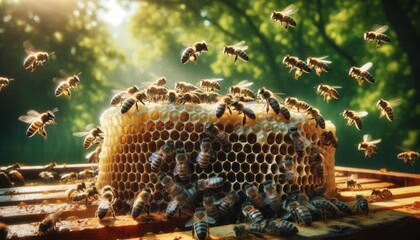 Close-up of a honeycomb with bees actively working on it.