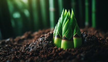 A close-up of new bamboo shoots emerging from the ground.