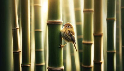 A small bird perched delicately on a bamboo stalk.