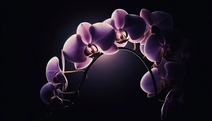 A gently arching stem of orchids in a soft purple hue, spotlighted to stand out against a pitch-black background. - obrazy, fototapety, plakaty