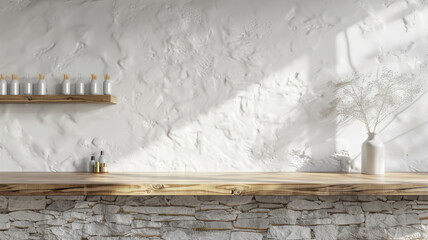 3D rendering of a streamlined wooden table counter and simple white stone wall, for minimalist product displays
