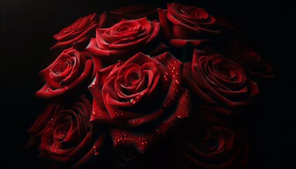 A cluster of deep red roses with dewdrops on their petals, providing a rich, velvety texture against a shadowy background.