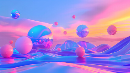 Fototapeta na wymiar A 3D-rendered abstract landscape featuring floating geometric shapes in a symphony of neon colors, creating a modern, creative background design