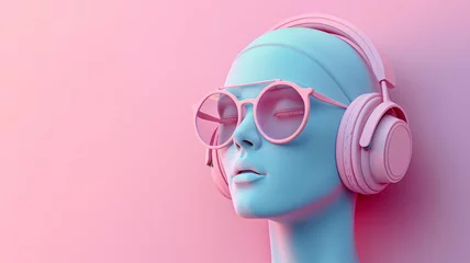 Poster A minimalist pastel scene with a 3D-rendered human head sculpture wearing chic sunglasses and sleek headphones, encapsulating a tranquil music concept © praewpailyn