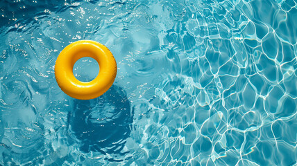 Aerial view of a vibrant swimming pool on a sunny day, with a yellow swim ring gently floating on the shimmering water. The essence of summer captured in a photo. - obrazy, fototapety, plakaty
