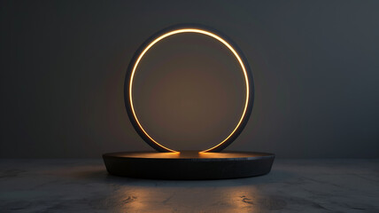 Circular black podium with a halo of light, ideal for highlighting cosmetic elegance, 3D, creative aura, with perfect lighting,