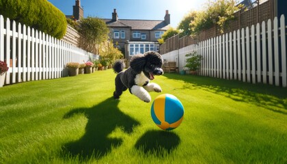 A black and white poodle playing with a colorful ball in a grassy backyard, with a white picket fence in the background.