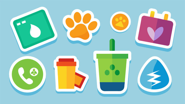 A set of colorful stickers with different carbon footprint tracking tips and reminders on a table in a factory break room.