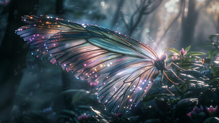 Ethereal fairy wings that shimmer with iridescent colors, set against the backdrop of a mystical forest bathed in twilight. The image blends fantasy elements with a clean, realistic aesthetic.