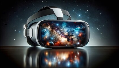 An image of a VR headset with the cosmos visible inside the visor, implying an immersive experience in space.