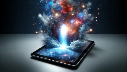 An image of a cosmic portal opening on a tablet screen, with stars and galaxies spilling out into the room.