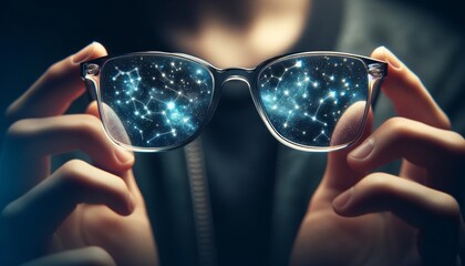 An image of a pair of glasses with lenses that reflect constellations, as if the wearer can see the...