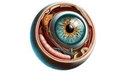 A detailed illustration of a human eye, dissected to show the iris, lens, and retina in an artistic style.
