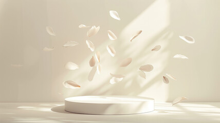Minimalistic white podium with soft falling petals for beauty product presentation, perfect lighting, 3D, creative aura,