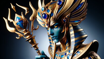A close-up image of a character inspired by ancient Egyptian royalty, in a regal pose with a scepter, symbolizing power.