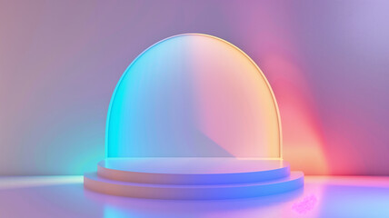 Pure minimalist podium with a soft, glowing rainbow aura for vibrant cosmetic displays, 3D, creative, with perfect lighting,