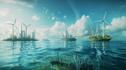 Oceanic cities floating on rising seas, with renewable energy sources powering a hopeful future