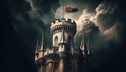 A dramatic close-up image of the highest tower of a grand medieval castle, set against a backdrop of stormy skies.