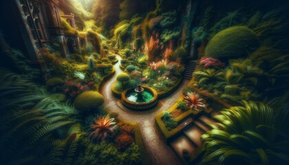 A beautifully detailed and intimate view of a mystical garden within the castle grounds, in a 16_9 aspect ratio. - obrazy, fototapety, plakaty