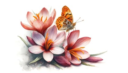 A detailed, close-up image of a watercolor painting of Saffron flowers with a butterfly perched on...