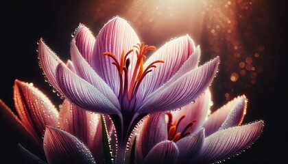 A detailed, close-up image of Saffron flowers with morning dew highlighting the fine details of the petals and stamens, with a good focus and well-composed.