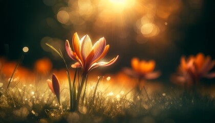 A detailed, close-up image of Saffron flowers illuminated by soft sunlight with a blurred garden background, ensuring good focus and a well-composed. - obrazy, fototapety, plakaty