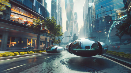 Solar-powered, levitating cars in a clean, green futuristic cityscape, envisioning a zero-emission world