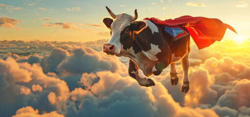 photo of cow dressed in colorful superhero costume, flying above the clouds at sunrise - obrazy, fototapety, plakaty