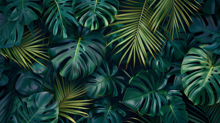 Fototapeta na wymiar Dark green tropical leaves background, monstera and palm tree foliage texture, Generative AI