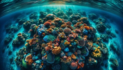 An aerial view of a colorful coral reef under clear ocean waters, captured in a 16_9 aspect ratio. - obrazy, fototapety, plakaty