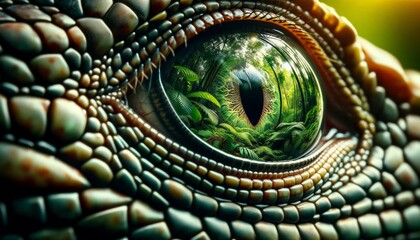 A close-up of a lizard's eye, reflecting the rich greenery of a tropical rainforest.