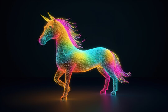 Unicorn, horse on a black background. 3D rendering. Neon lights.
