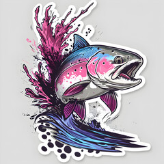a sticker of a steelhead trout jumping out of the water to eat a pink hairy fly  Ai generative 